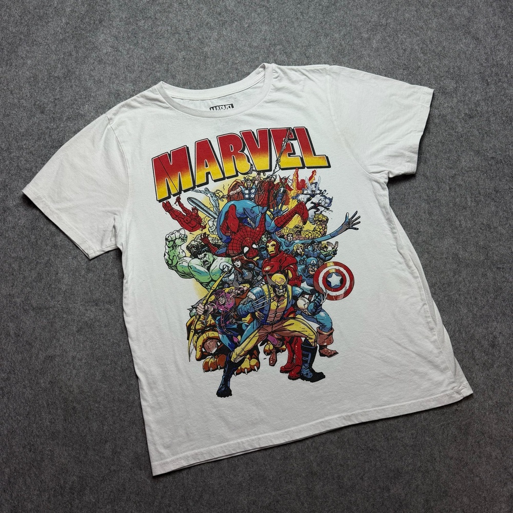 Marvel Shirt Mens Large White Avengers Heroes Graphic Tee Spider-Man Hulk Thor